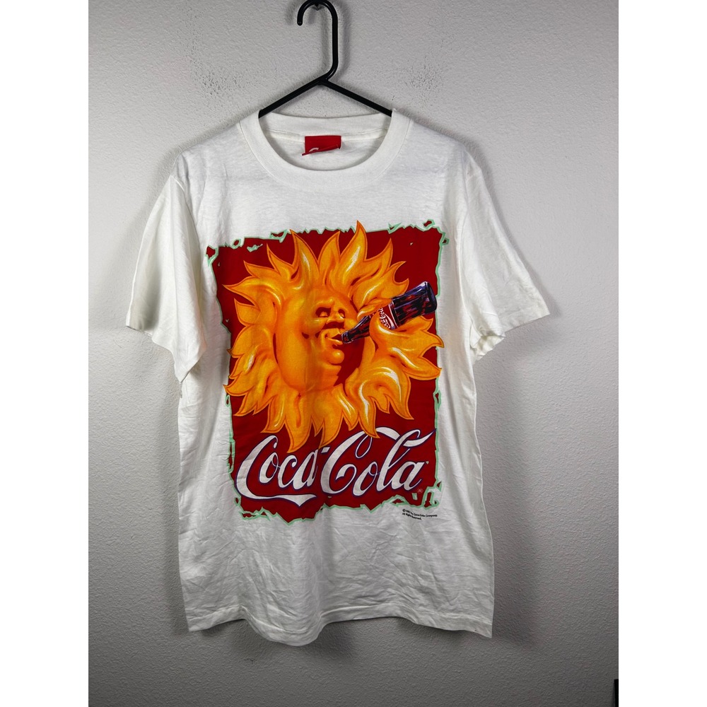 Vintage 1995 Coca-Cola Sun Drinking Coke Graphic T-Shirt White Large Made in USA